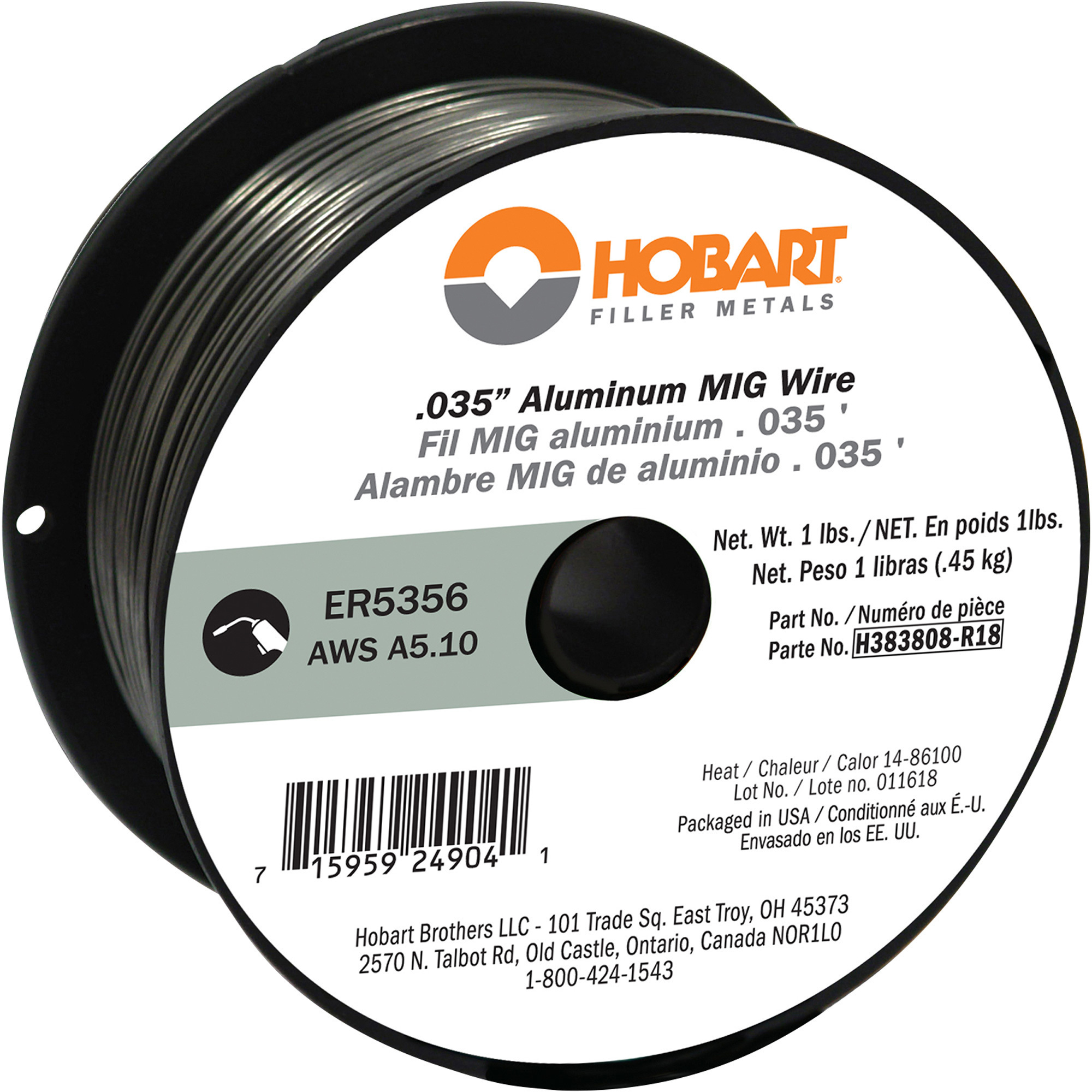 Hobart MIG Welding Wire, ER5356 Aluminum, .035in., 1-Lb. Spool, Model# H383808-R18